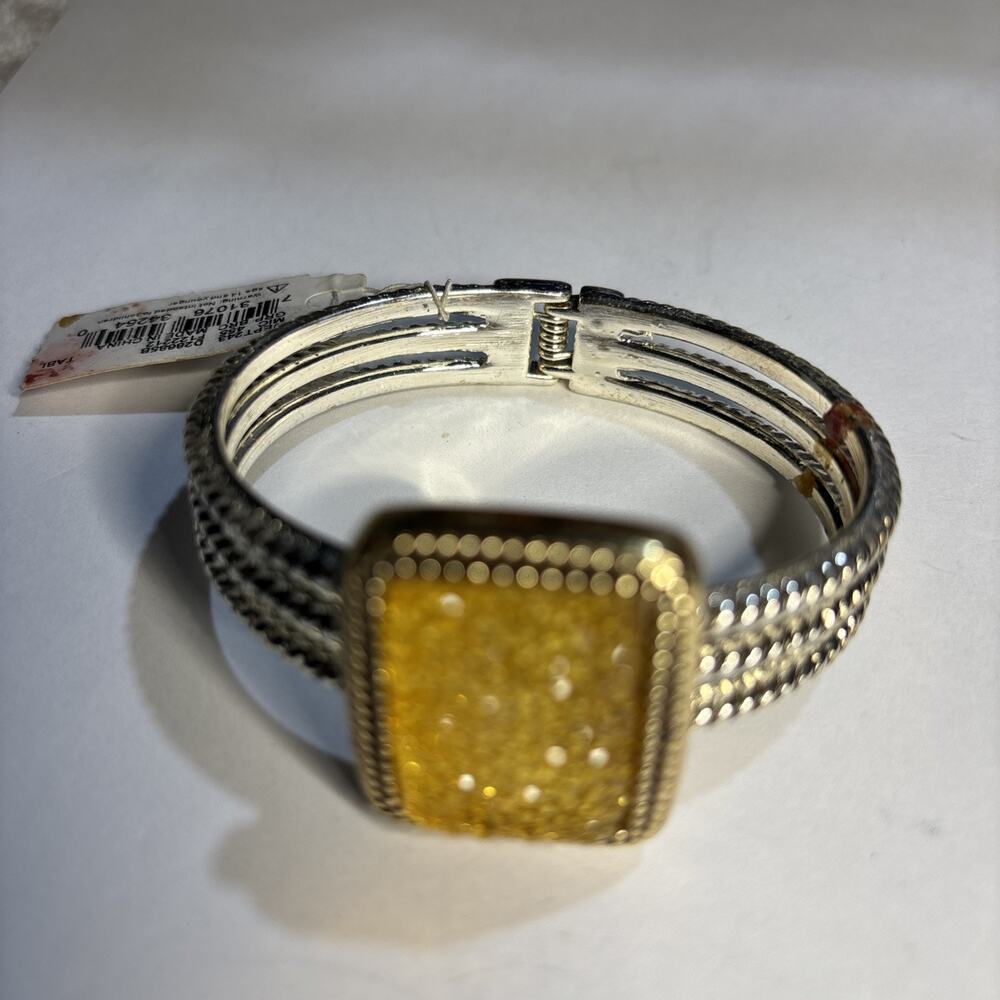 Yellow Druzy Look Hinged Bangle Bracelet Silver Gold Tone Textured Triple Row 7”